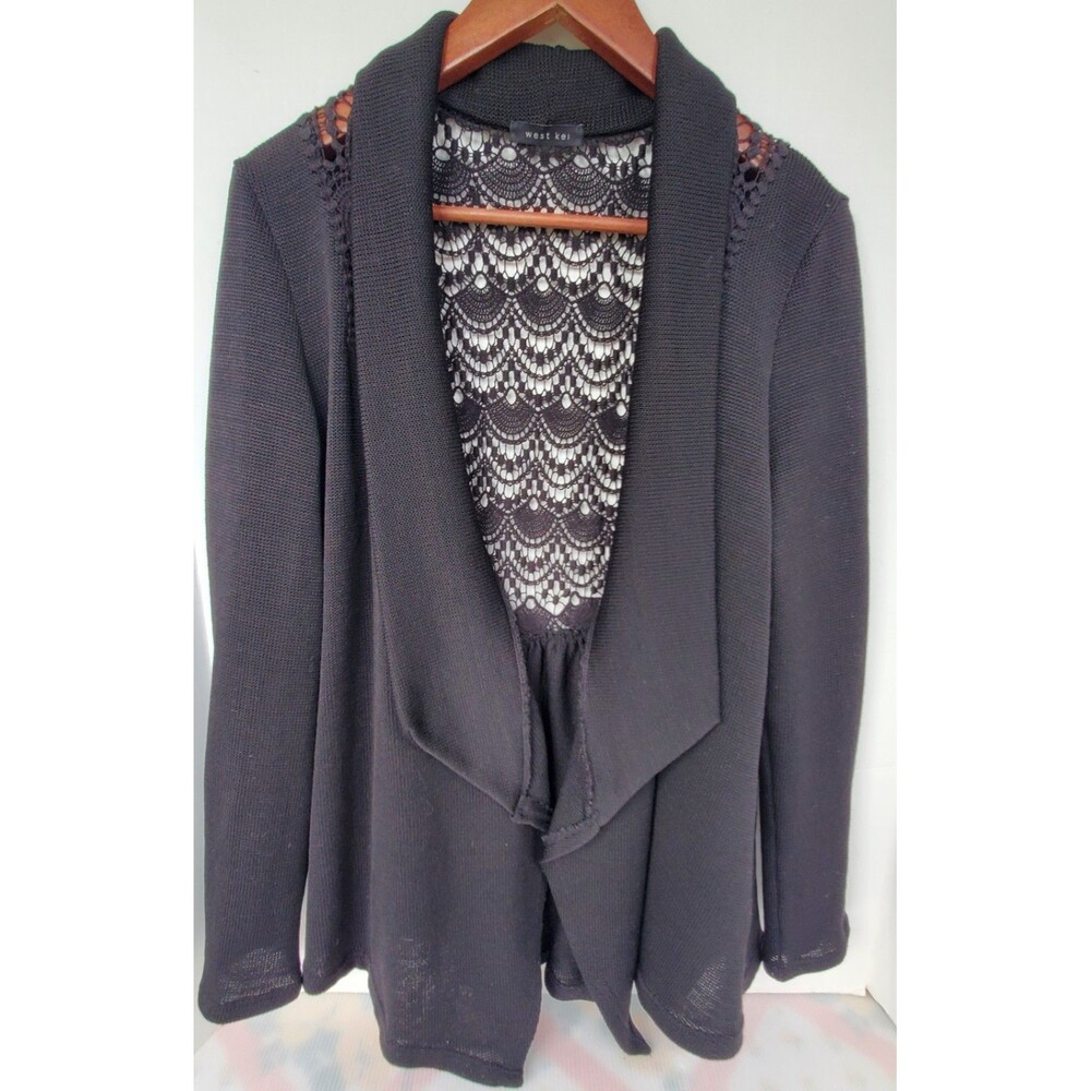 West Kei XL Waterfall Cardigan Black Cozy Sweater Soft Open Front Lace Back